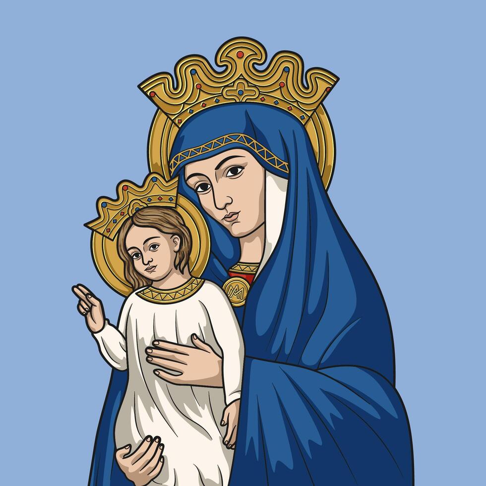 Our Lady Virgin Mary Mother of the Church with Baby Jesus Colored Illustration vector