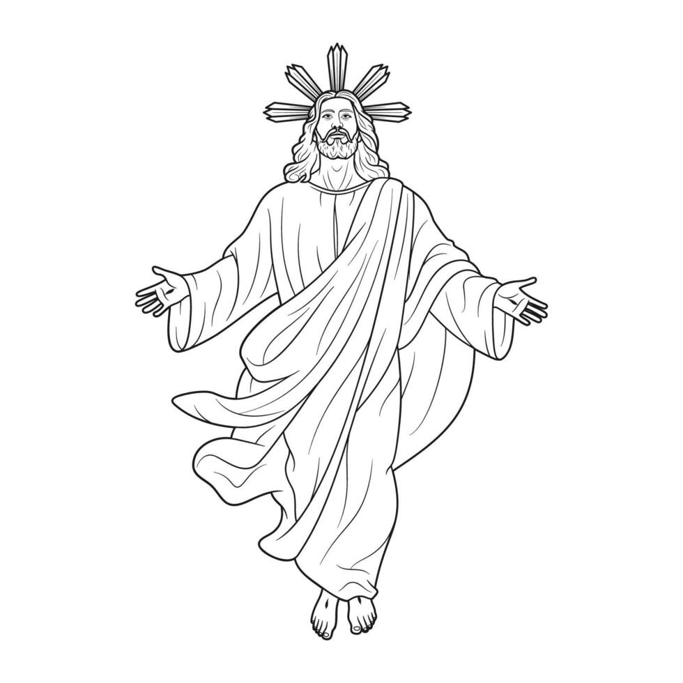Jesus Christ ascending to Heaven in the Ascension of the Lord Illustration Outline Monochrome vector