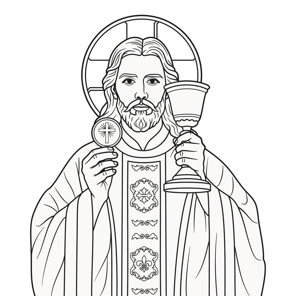 Jesus Christ Priest holding the Host and Chalice Illustration Outline Monochrome vector