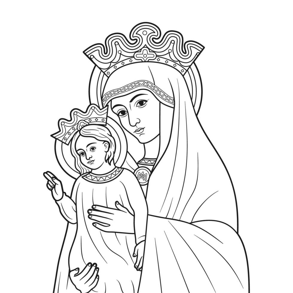 Our Lady Virgin Mary Mother of the Church with Baby Jesus Illustration Outline Monochrome vector