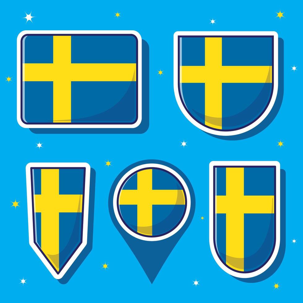 Flat cartoon illustration of Sweden national flag with many shapes inside vector