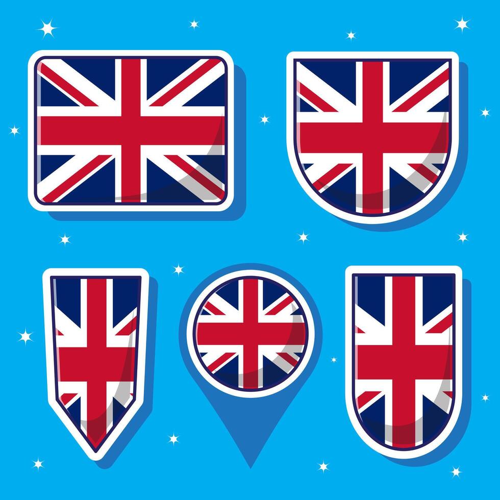 Flat cartoon illustration of United Kingdom national flag with many shapes inside vector