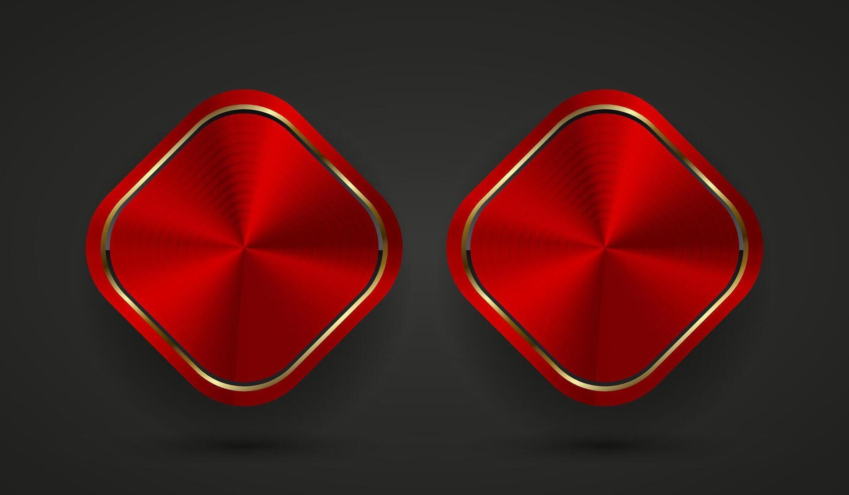 2 Red abstract rectangle buttons template with metal texture chrome, steel, silver, copper, realistic metral on dark background for web UI design vector