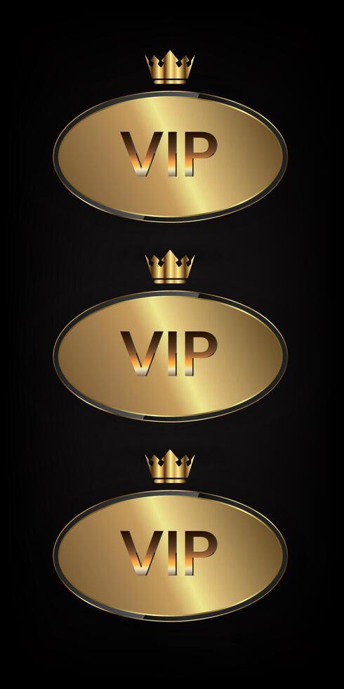 Collection ofThree gold ellipse banners with crown for premium level and top value of luxury position icon, symbol, element, button, object illustration design vector