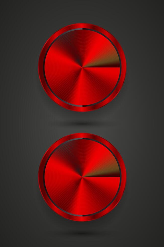 Group of 2 red blank buttons template with metal texture-chrome, silver, steel, realistic metralic and Set of two red Abstract circle buttons, dark background vector