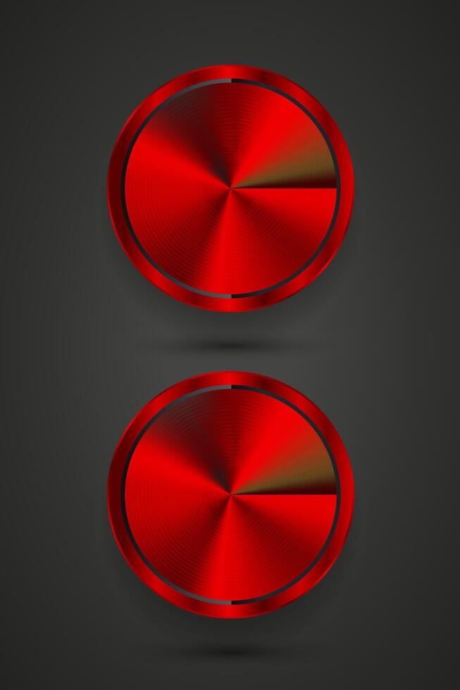 grupo de 2 rojo blanco botones modelo con metal textura-cromo, plata, acero, realista metálico y conjunto de dos rojo resumen circulo botones, oscuro antecedentes vector