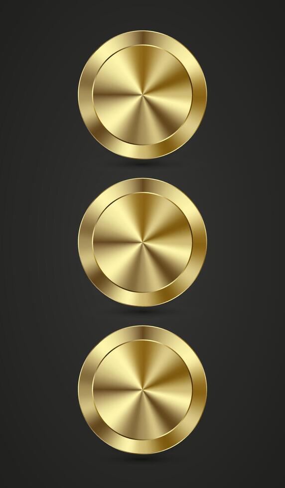 Tres colección de lujo realista brillante metal dorado circulo anillo en verde empujar hacer clic botón para sitio web, 3 resumen Insignia elementos diseño aislado en negro antecedentes vector