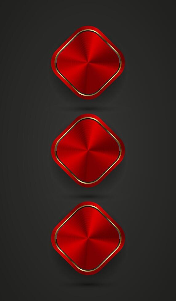 Three of Red abstract rectangle buttons template with metal texture chrome, steel, silver, copper, 3 realistic metral buttons on dark background vector
