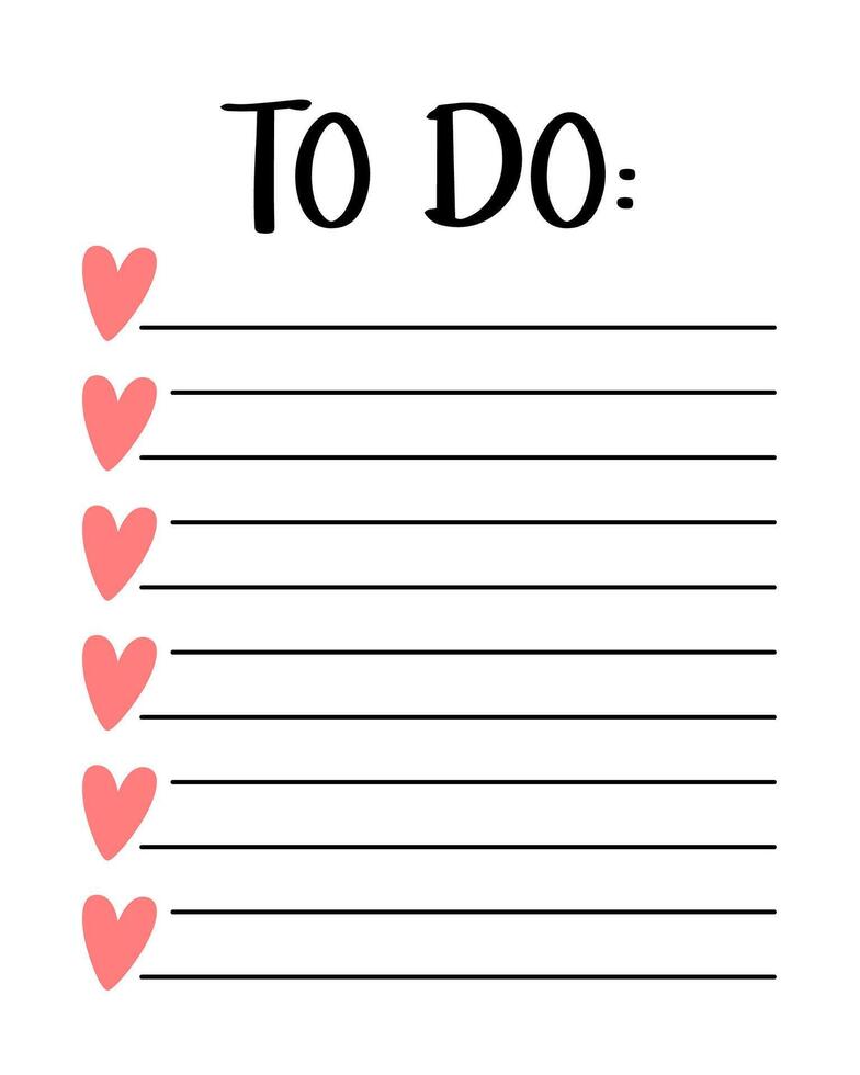 Valentines day to do list template. Organizer and Schedule with place for Notes. Good for Kids. vector