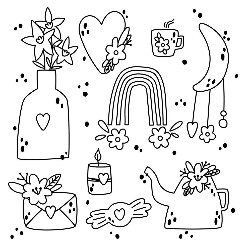 Spring line collection with cute vase, letter, moon, heart, rainbow, watering can. Outline Doodle. Perfect for baby shower, birthday, children's party, clothing prints, greeting cards. vector