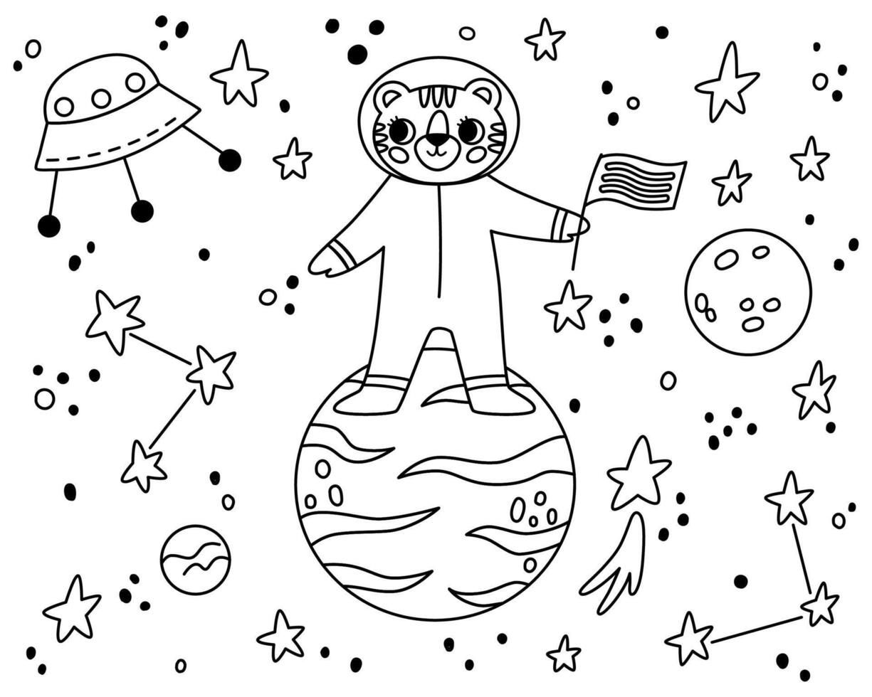 Outline tiger in open space. Line cute animal astronaut in space suits. Character exploring universe galaxy with planets, stars, spaceship for children print. design in Scandinavian style. vector
