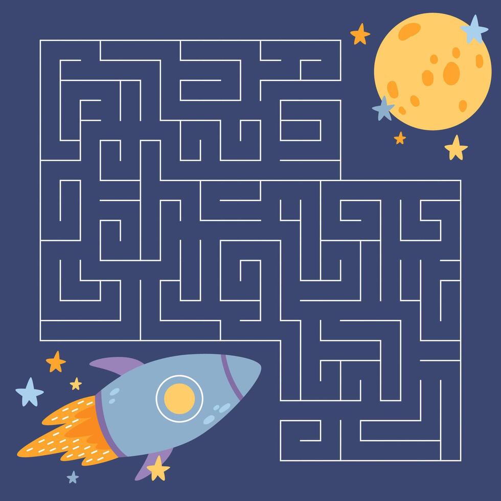Space maze game for kids. Cute rocket looking for a way to the planet. Animal in galaxy. Printable worksheet. cartoon illustration in Scandinavian style. vector