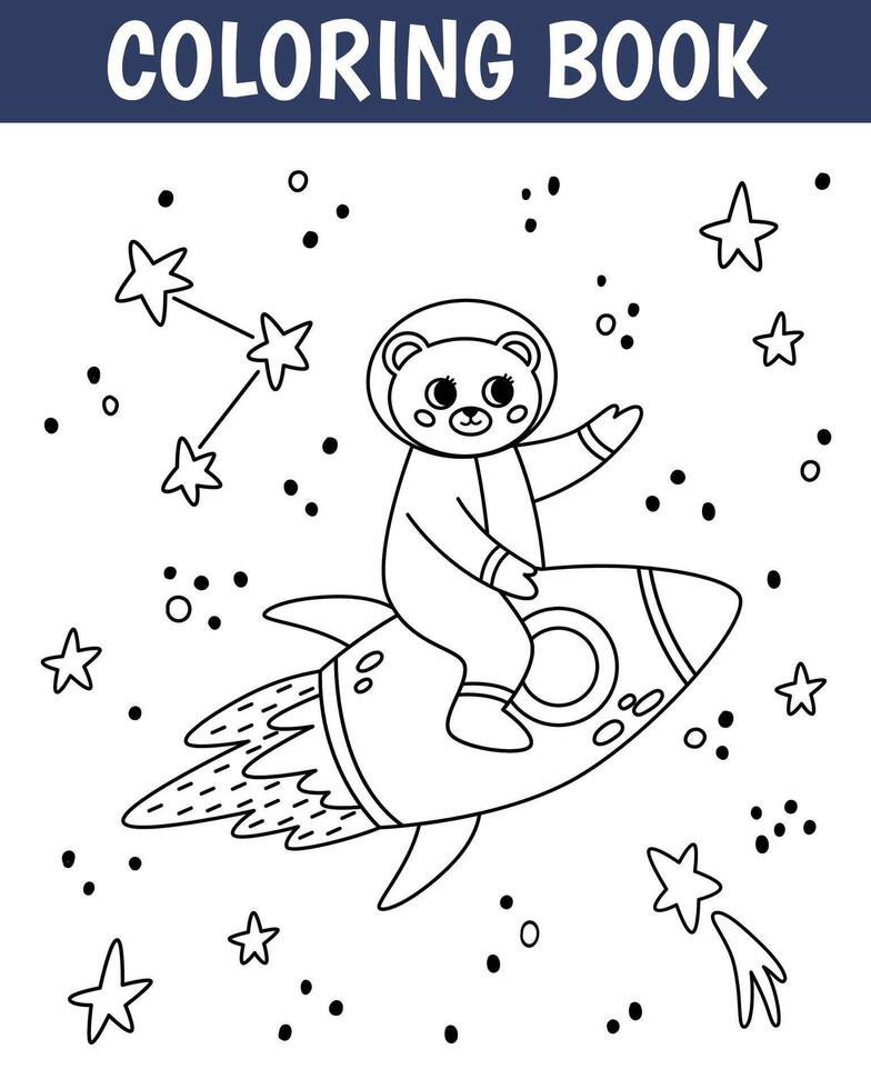 Cute bear in open space coloring page. Animal astronaut in space suits. Printable worksheet with solution for school and preschool. Cartoon illustration. vector