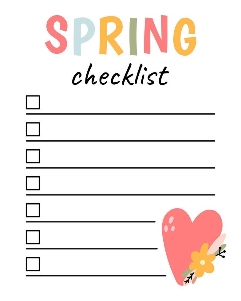 Spring checklist. Organizer and schedule with place for Notes. Planner template. vector