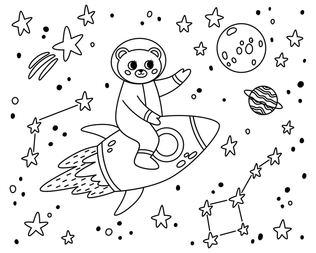 Outline bear in open space. Line cute animal astronaut in space suits, flying on a rocket. Character exploring universe galaxy with planets, stars, spaceship for children print. vector