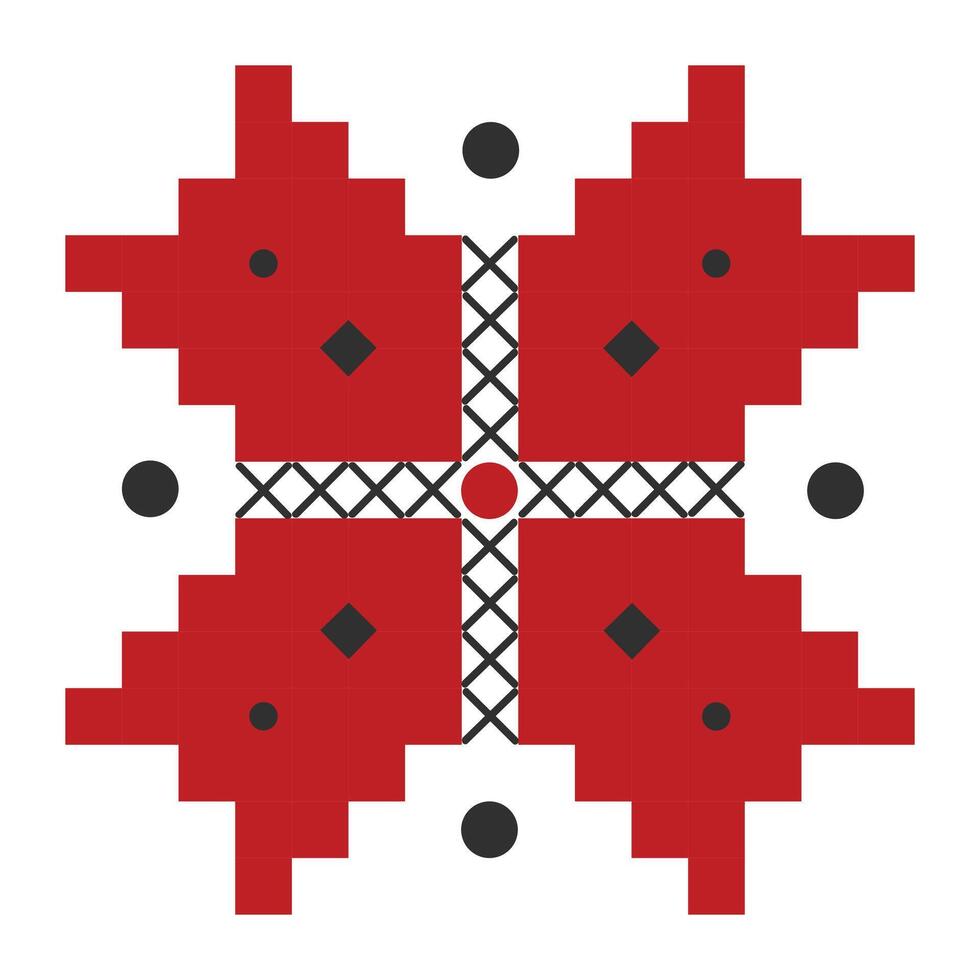 Ukrainian embroidery in black and red colors, folk ornament of flower with four petals and cross vector