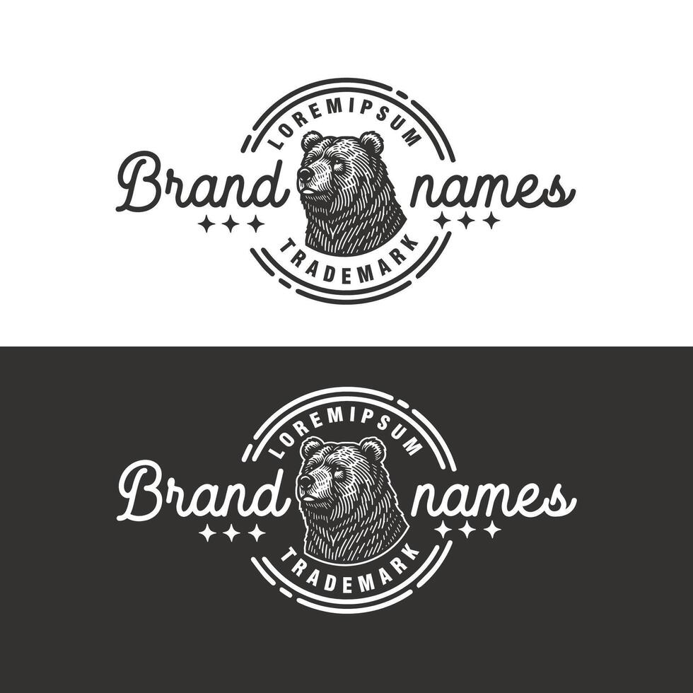 grizzly bear head vintage badge monochrome logo design template illustration vector