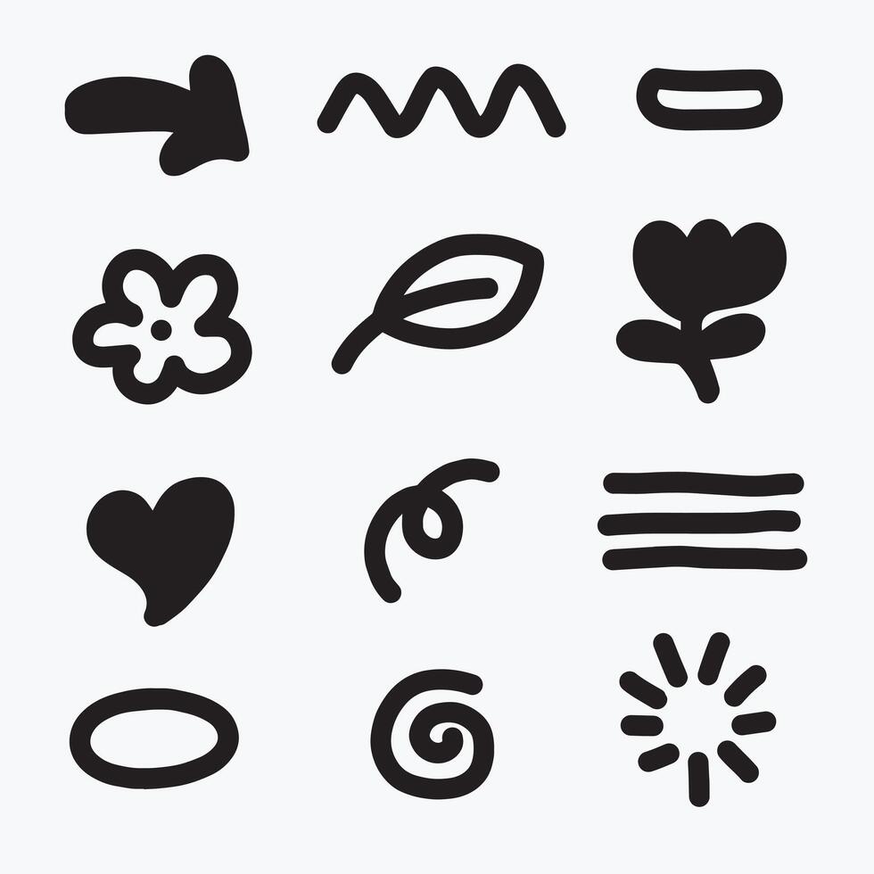 Hand drawn line emotion illustration collection. curve directional arrows, cartoon character emotion symbols, vector