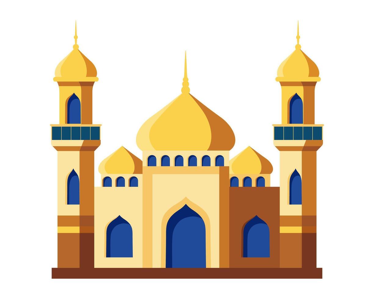 Islamic mosque with a golden dome and minaret. Mosque muslim arabic architecture religious graphics. Prayer building islamic culture. Flat style, sacred architecture. illustration. vector