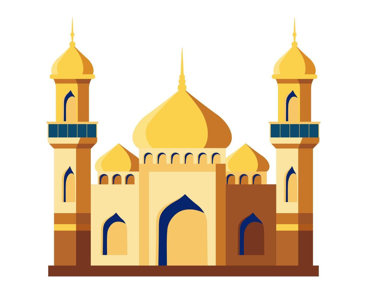 Arabic muslim mosque and minaret. Mosque muslim arabic architecture religious graphics. Prayer building islamic culture. Flat style, sacred architecture. illustration. vector