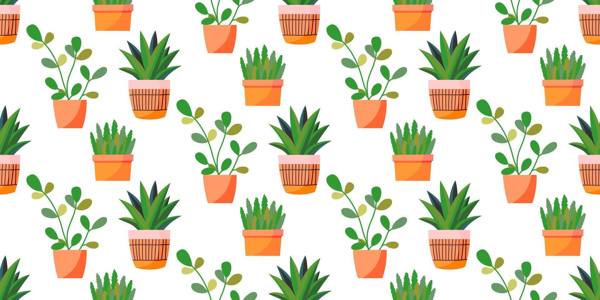Seamless background with decorative indoor plants. Colorful illustration background with a variety of potted indoor plants. vector
