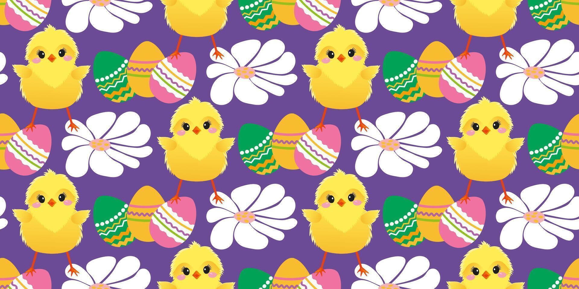 Easter cute pattern with chicken, daisies, colored eggs. The cheerful Easter design for background, digital paper, wallpaper, fabric. Seamless pattern. illustration. vector