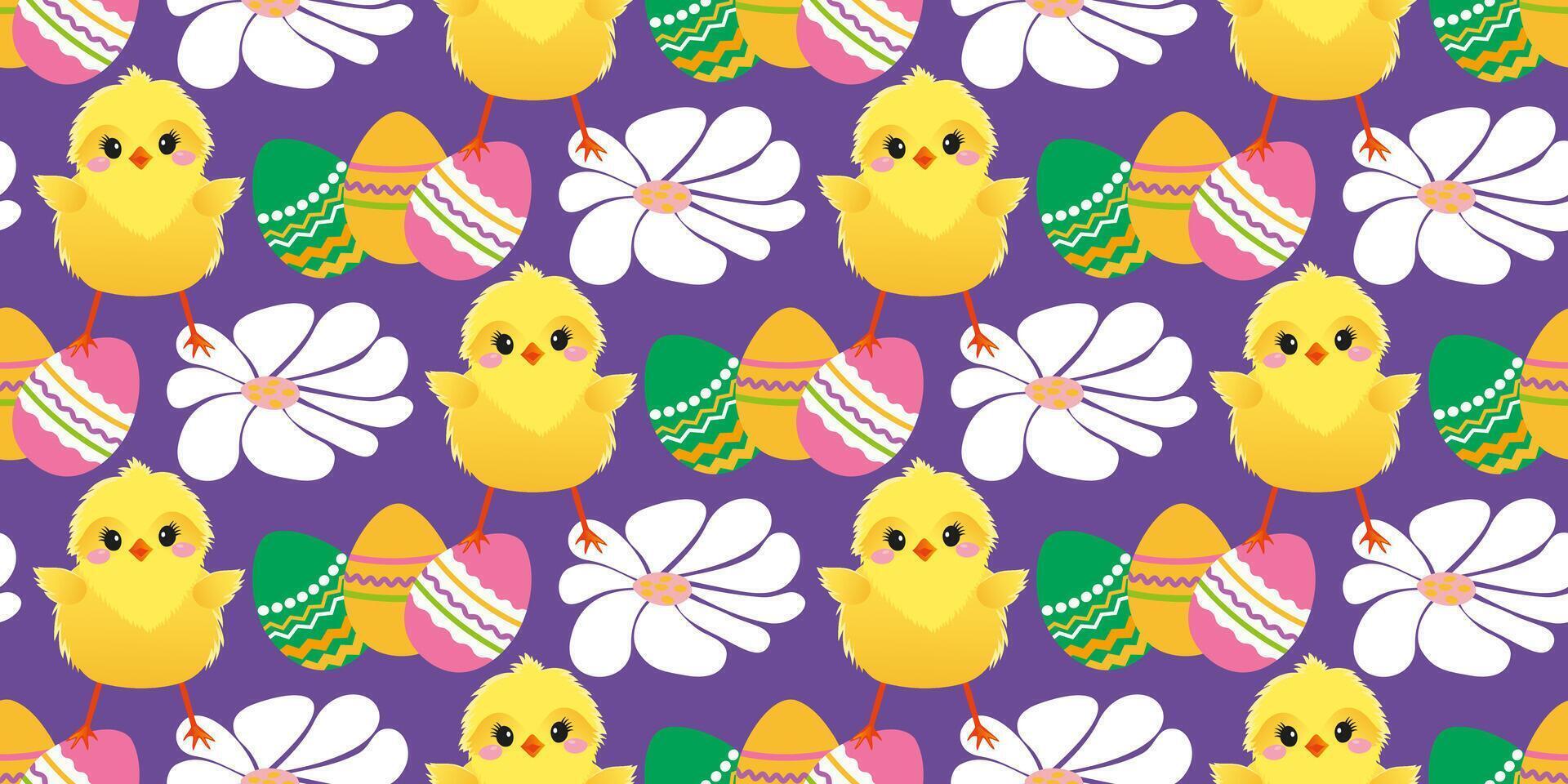 Easter cute pattern with chicken, daisies, colored eggs. The cheerful Easter design for background, digital paper, wallpaper, fabric. Seamless pattern. illustration. vector