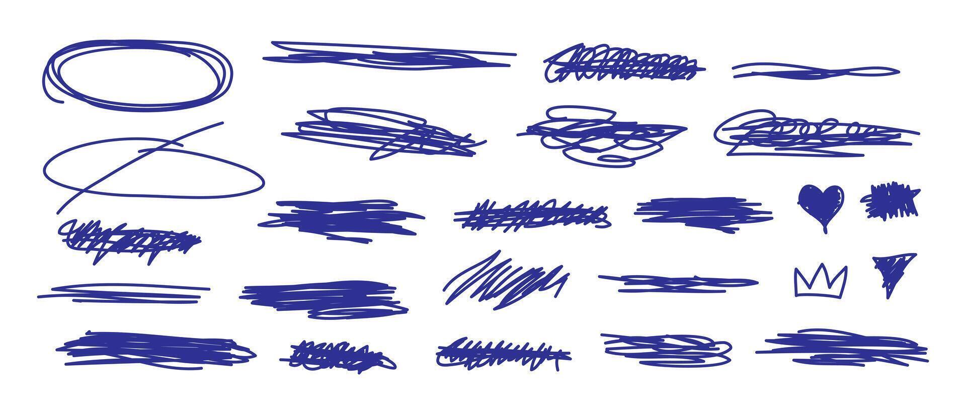 set of hand drawn scribbles, doodles, lines, stripes. Scribbles and sketches, marker line set. Ink shapes, scrawl textured elements. Scrawls, crown, underlines, heart. vector