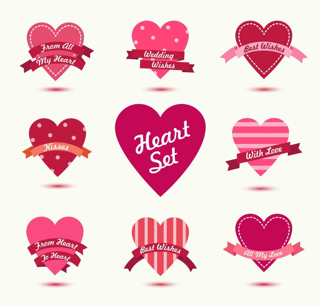 Set of hearts badges, logos. Retro love icons with ribbons. Use for cards, ad, web, banners, etc vector