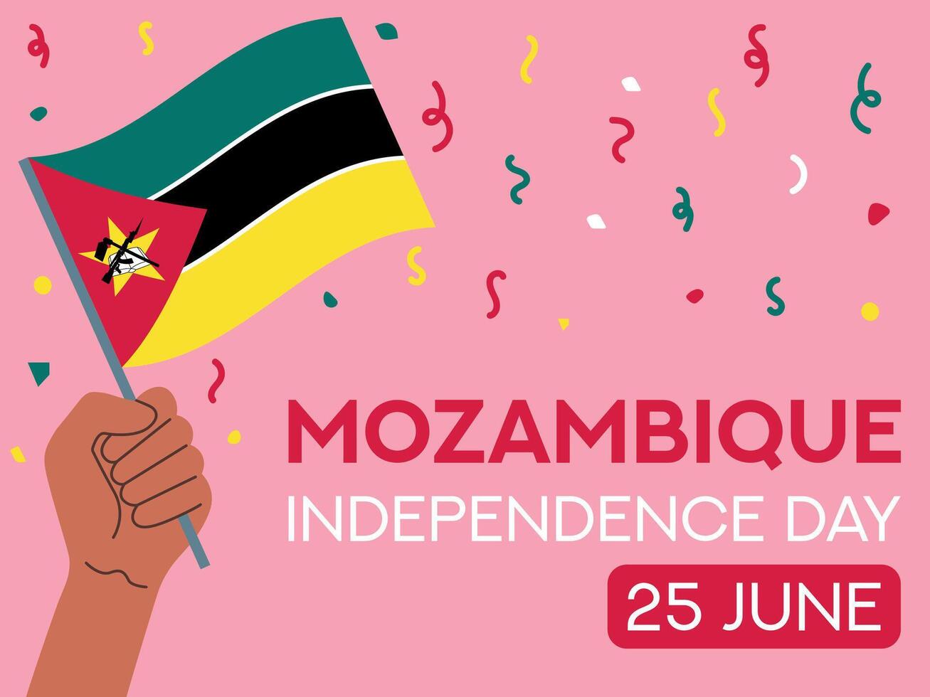 Mozambique independence day 25 June. Mozambique flag in hand. Greeting card, poster, banner template vector