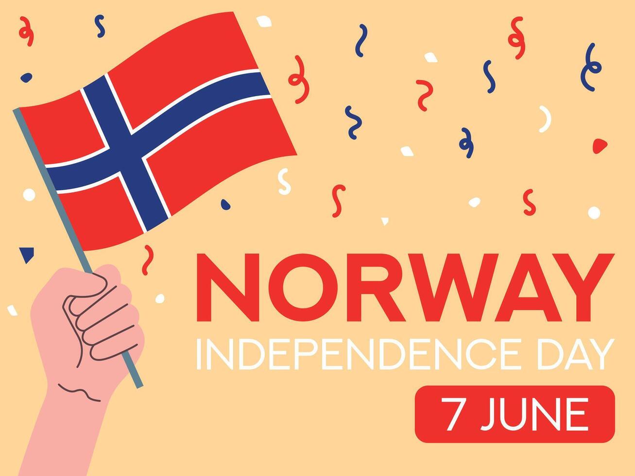 Noruega independencia día 7 7 junio. Noruega bandera en mano. saludo tarjeta, póster, bandera modelo vector