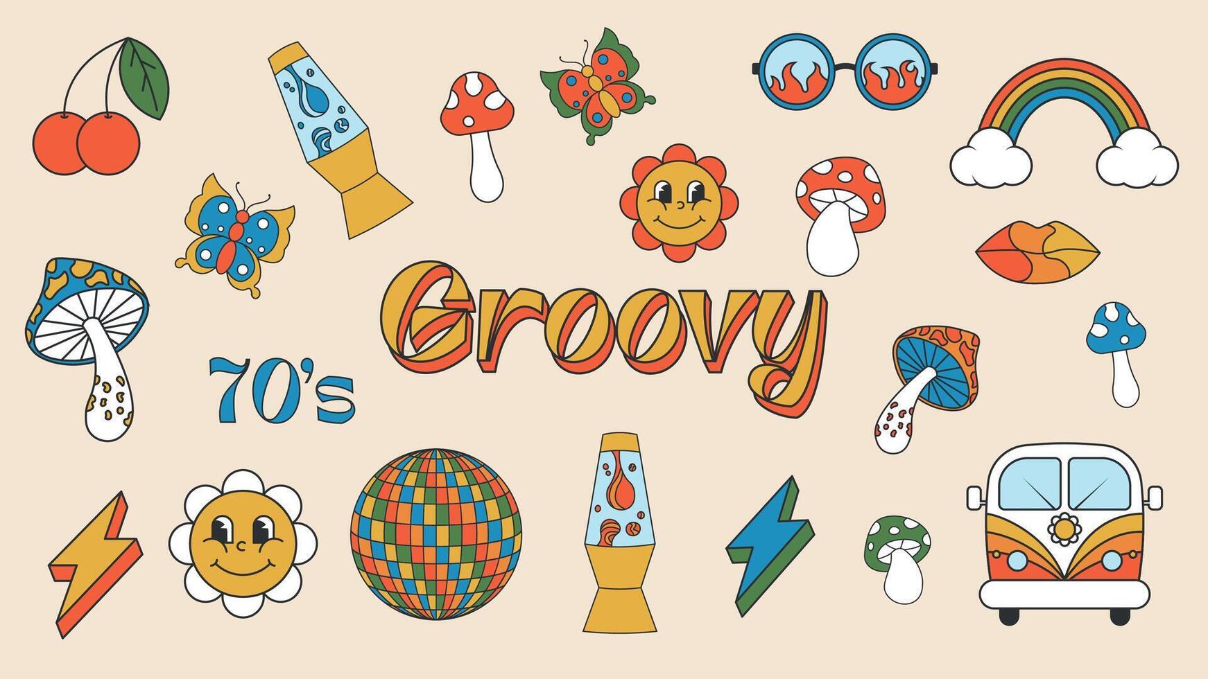 Groovy set 60s, 70's 80's retro style fun elements vector