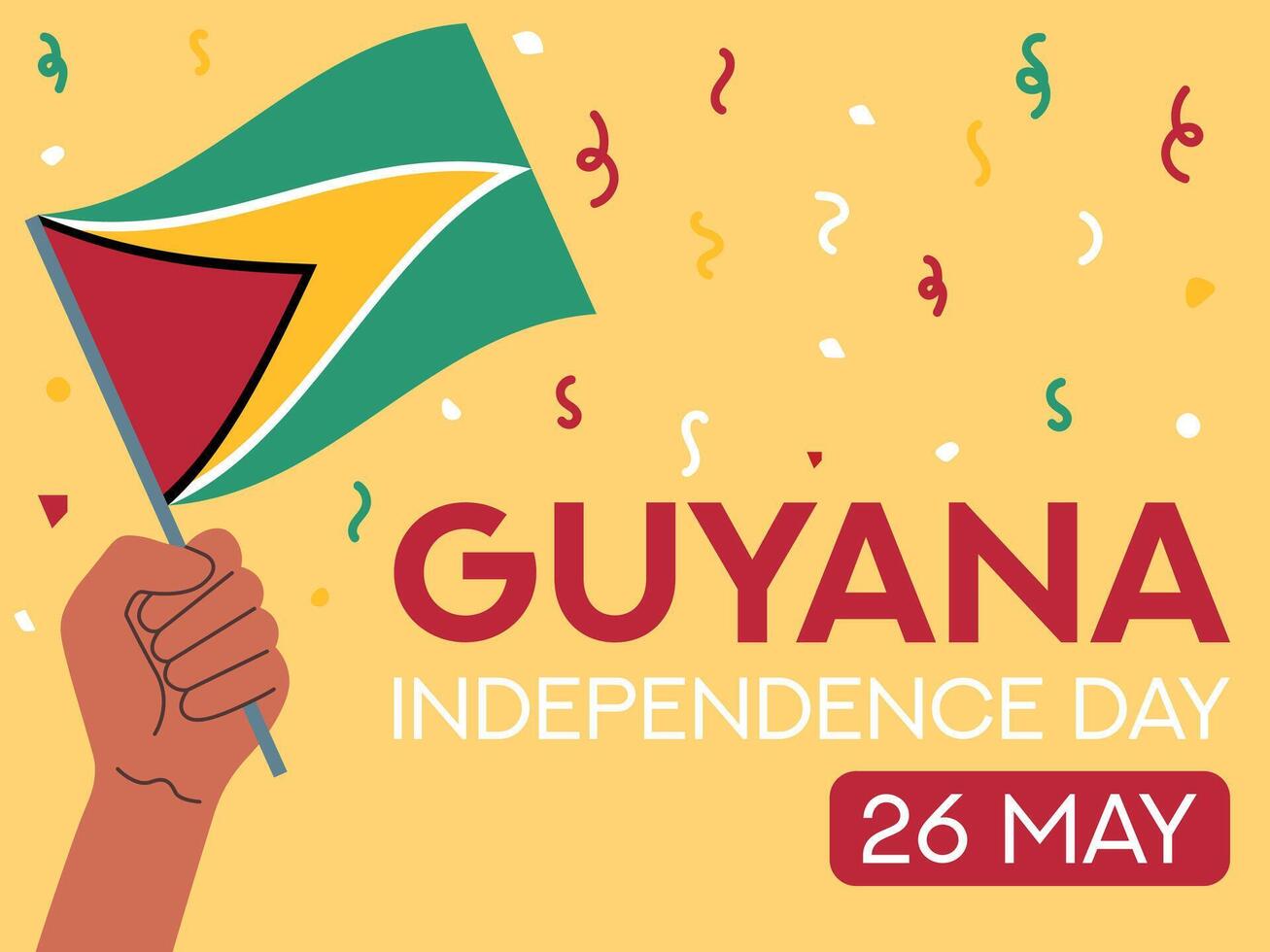 Guyana independence day 26 may. Guyana flag in hand. Greeting card, poster, banner template vector