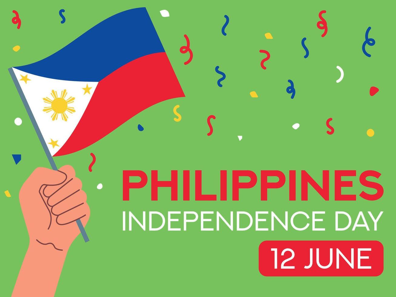 Philippines independence day 12 June. Philippines flag in hand. Greeting card, poster, banner template vector