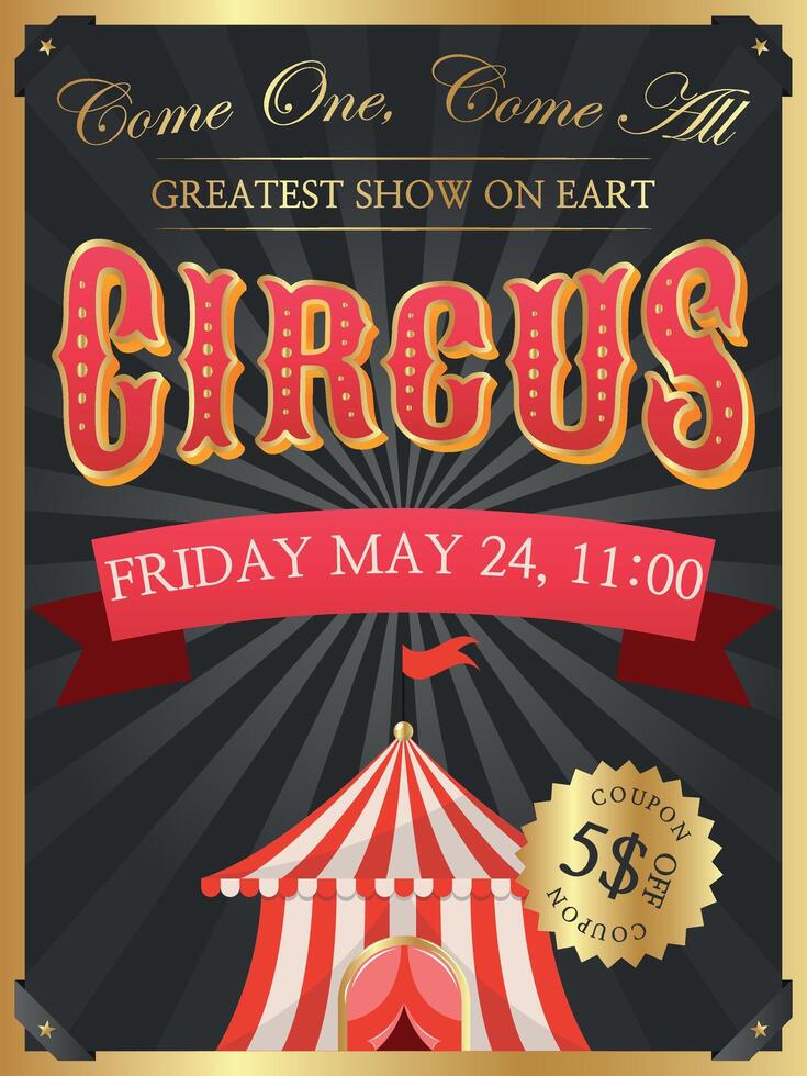 Vintage retro circus poster. Circus invitation. Carnival invite Black and Gold vector