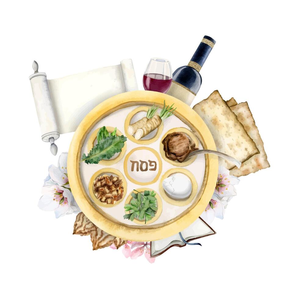 Passover symbols - seder plate with holiday food, wine, haggadah scroll, matzah watercolor illustration vector