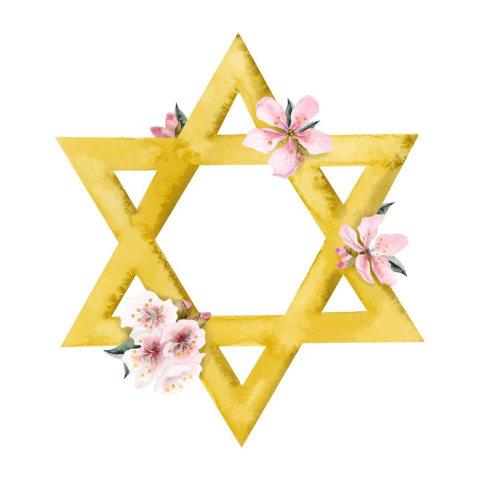 acuarela Pascua saludo tarjeta modelo con oro estrella de david y almendra flores ilustración aislado en blanco vector