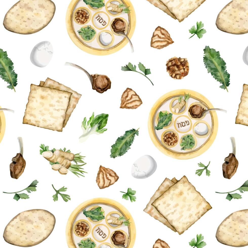 Passover seder seamless pattern with watercolor Jewish plate, traditional Pesach food, wine, menorah, matzah on white vector