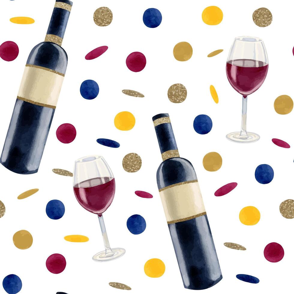 Red wine bottle and glass with bright colorful confetti watercolor seamless pattern on white background, party designs vector