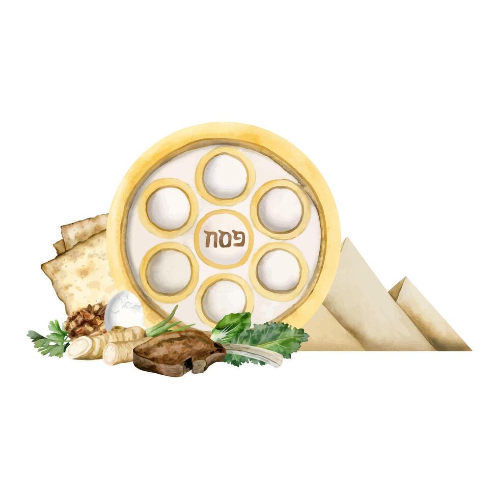 Passover seder plate with matzah and traditional holiday food watercolor illustration. Jewish holiday template vector