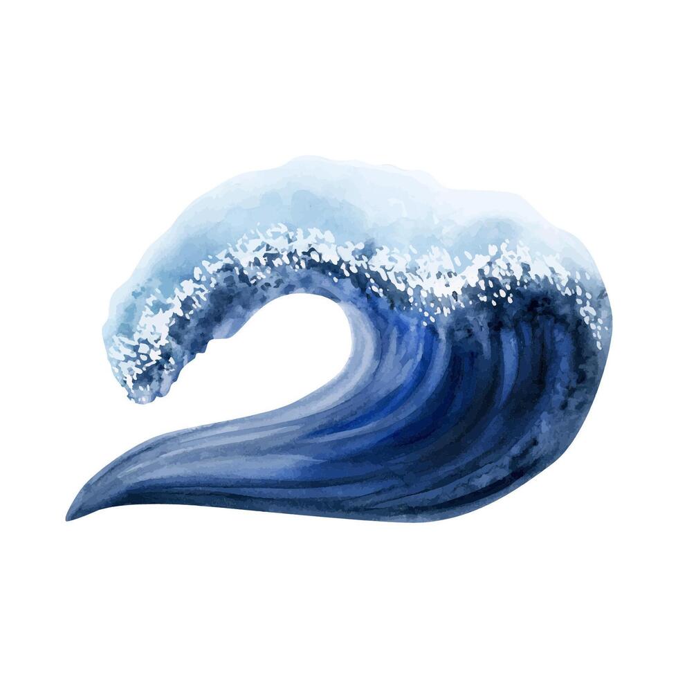 Watercolor high ocean wave illustration of water splash in blue colors vector