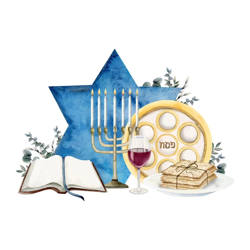 Passover seder greeting banner with plate, menorah, red wine glass, matzah, Haggadah book and eucalyptus vector