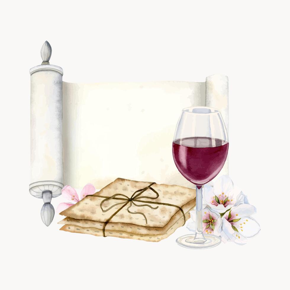 contento Pascua saludo modelo con haggadah Desplazarse, vaso de rojo vino, matzá montón, almendra flores vector