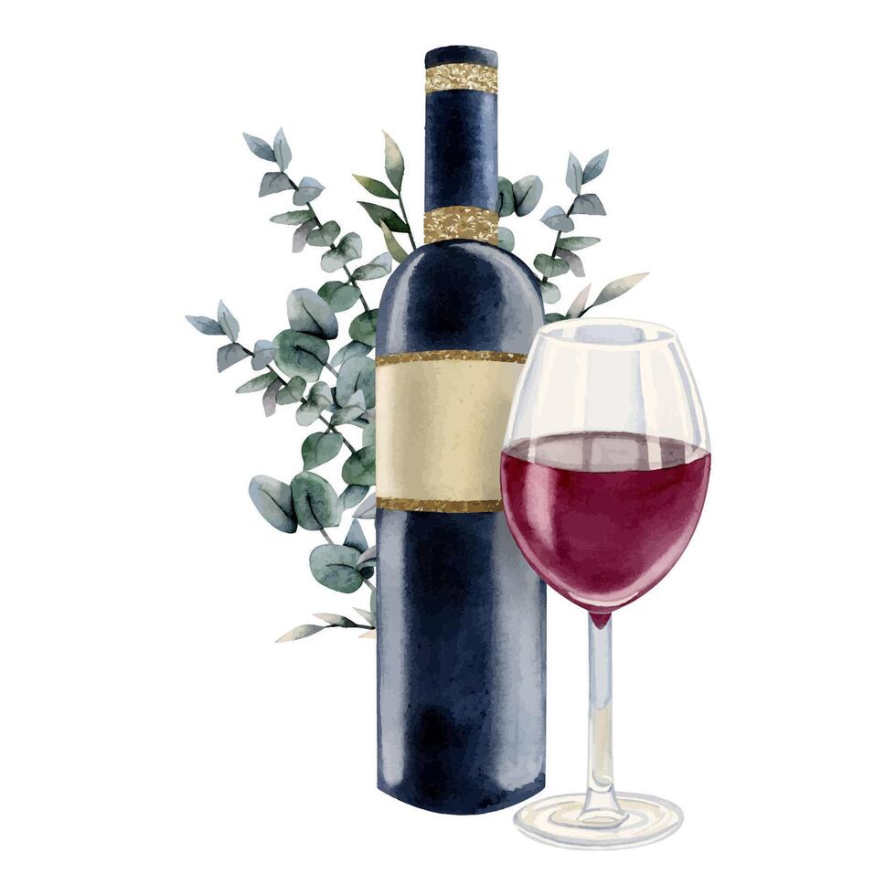 Kosher red wine bottle and glass with eucalyptus branches watercolor illustration for Shabbat kiddush, Jewish holidays vector