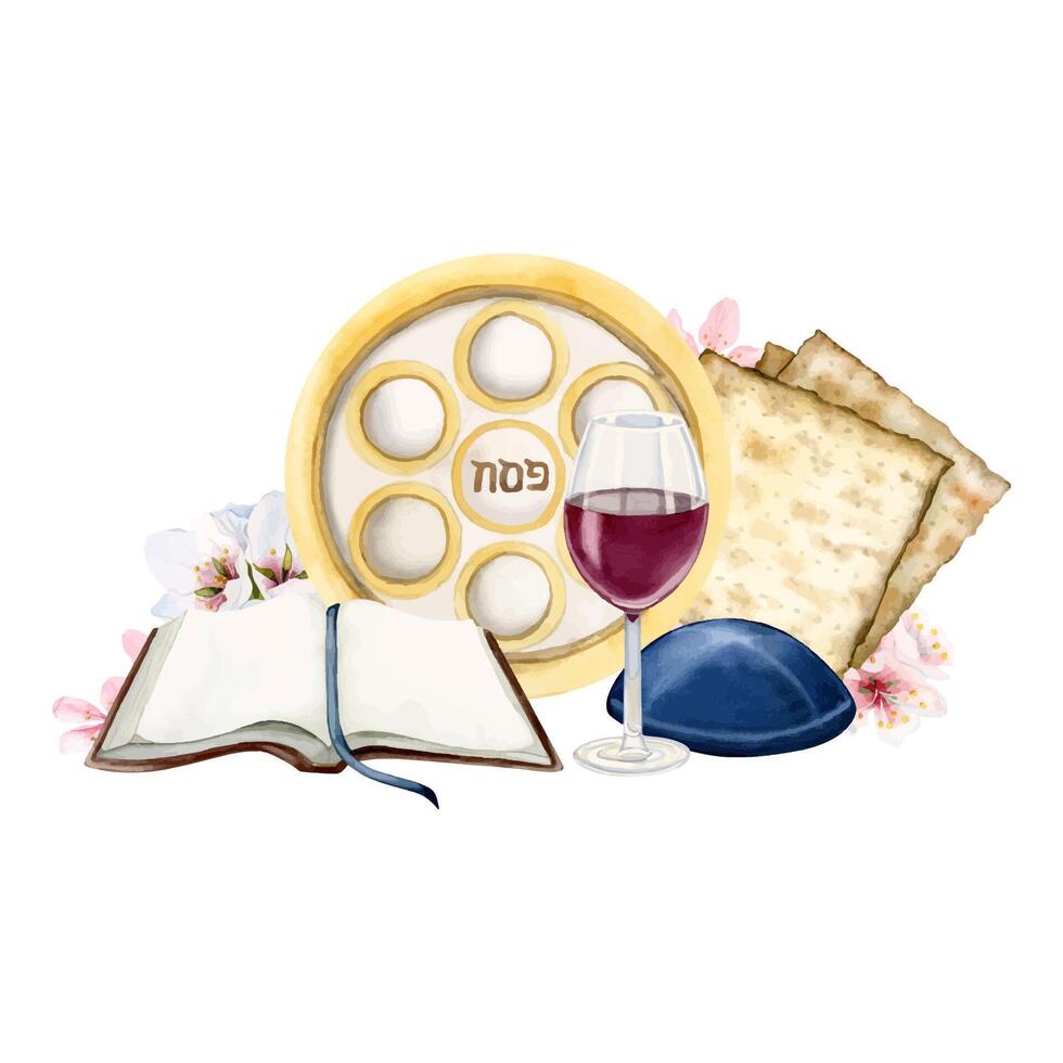 Happy Passover greeting banner with red wine glass, matzah, Haggadah and Jewish seder plate with almond flowers vector