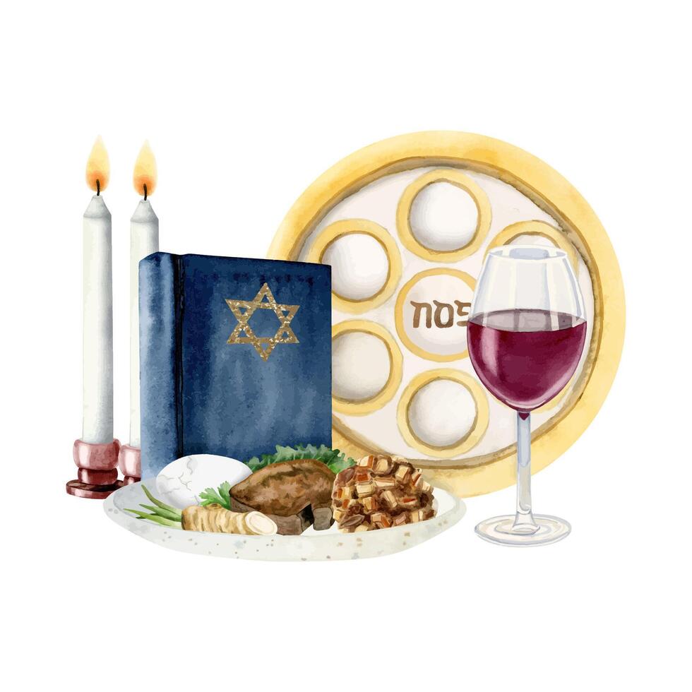 Watercolor Passover seder composition with traditional meal, red wine glass, Haggadah, candles. Jewish illustration vector