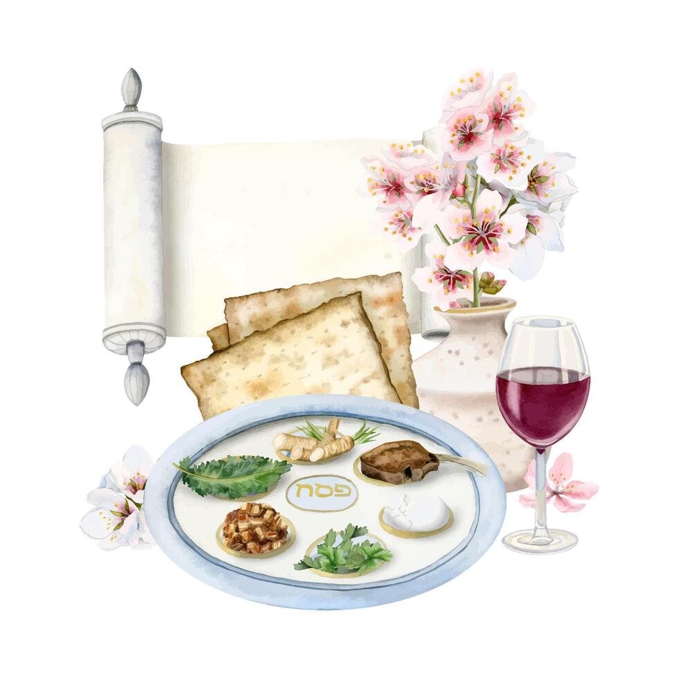 Watercolor Passover seder plate with traditional meal, wine glass, Haggadah scroll and almond flowers bouquet in vase vector