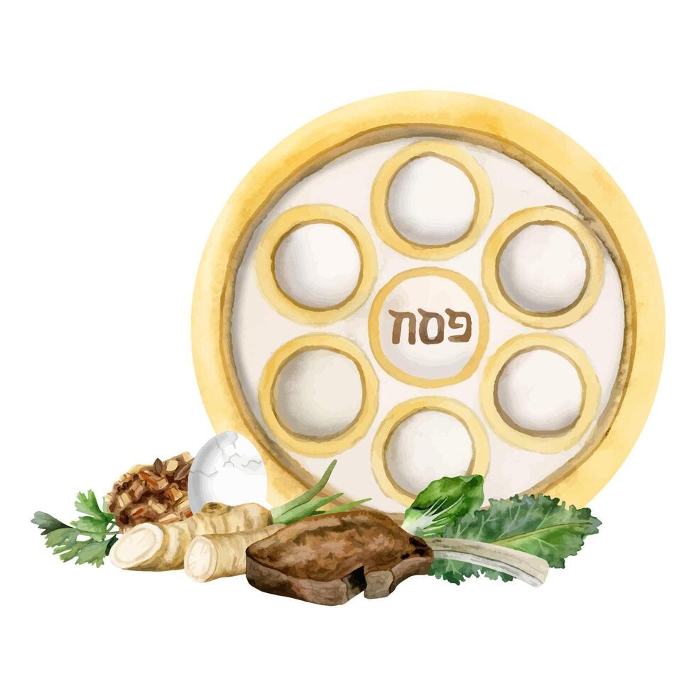 Gold Passover seder plate with traditional holiday food watercolor illustration. Jewish holiday template vector