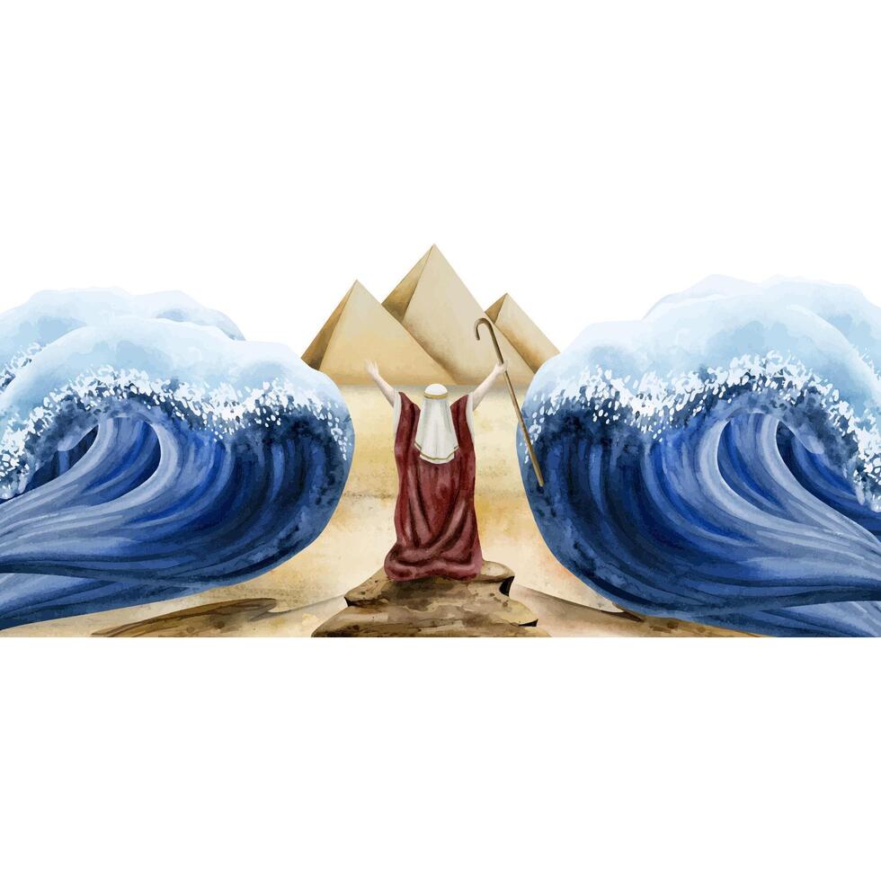 Watercolor Exodus with Moses from Passover Haggadah, Bible story about separating Red sea, Jewish history illustration vector