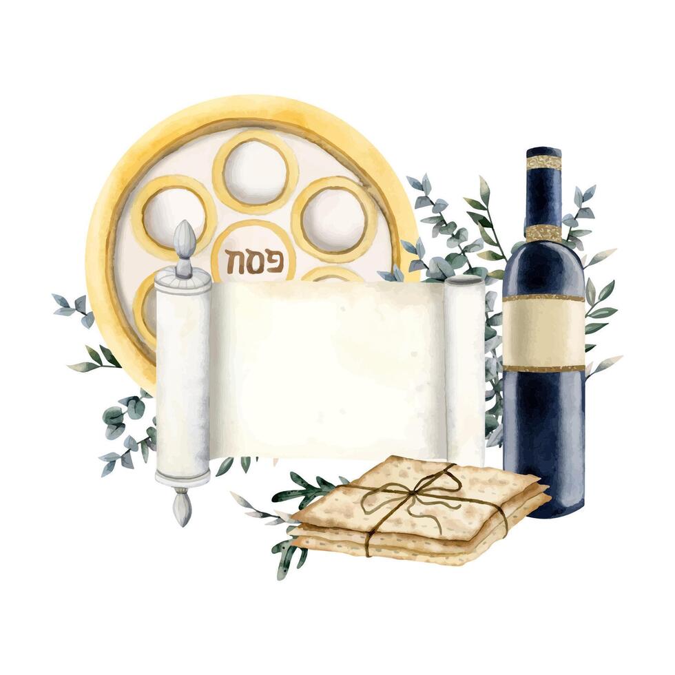 Passover symbols for greetingscard, invitation, social media posts with wine, matzah, seder plate, eucalyptus vector